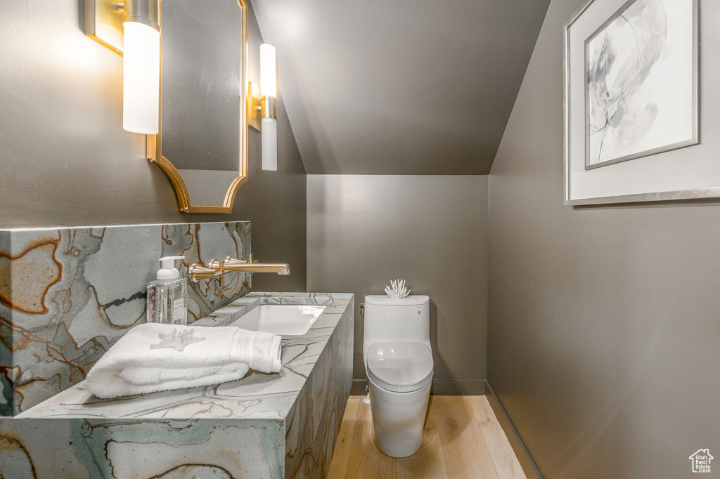 Half bath featuring a sink, toilet, and wood finished floors
