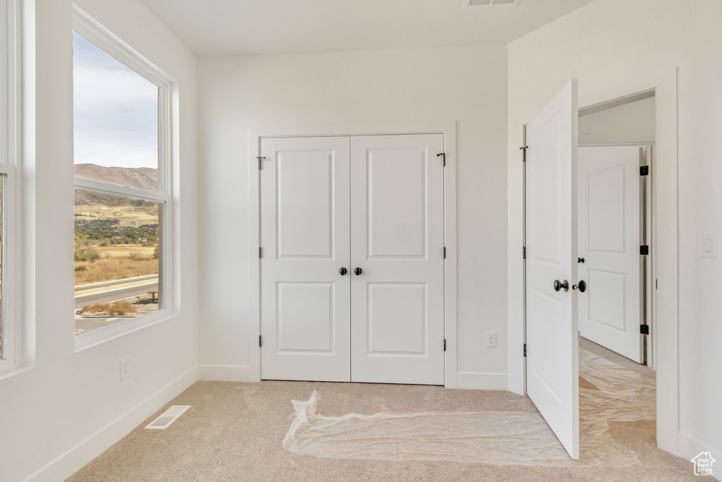 Interior space featuring a closet, light carpet, and a mountain view