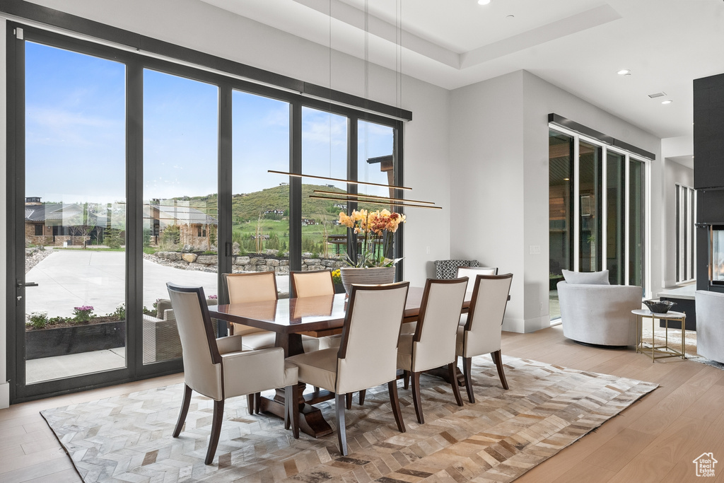 Dining space with light hardwood / wood-style flooring, a chandelier, and a tray ceiling