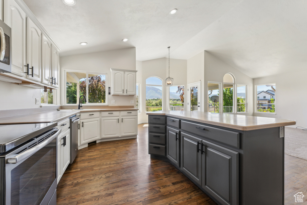 Kitchen with dark hardwood / wood-style floors, gray cabinets, vaulted ceiling, and pendant lighting