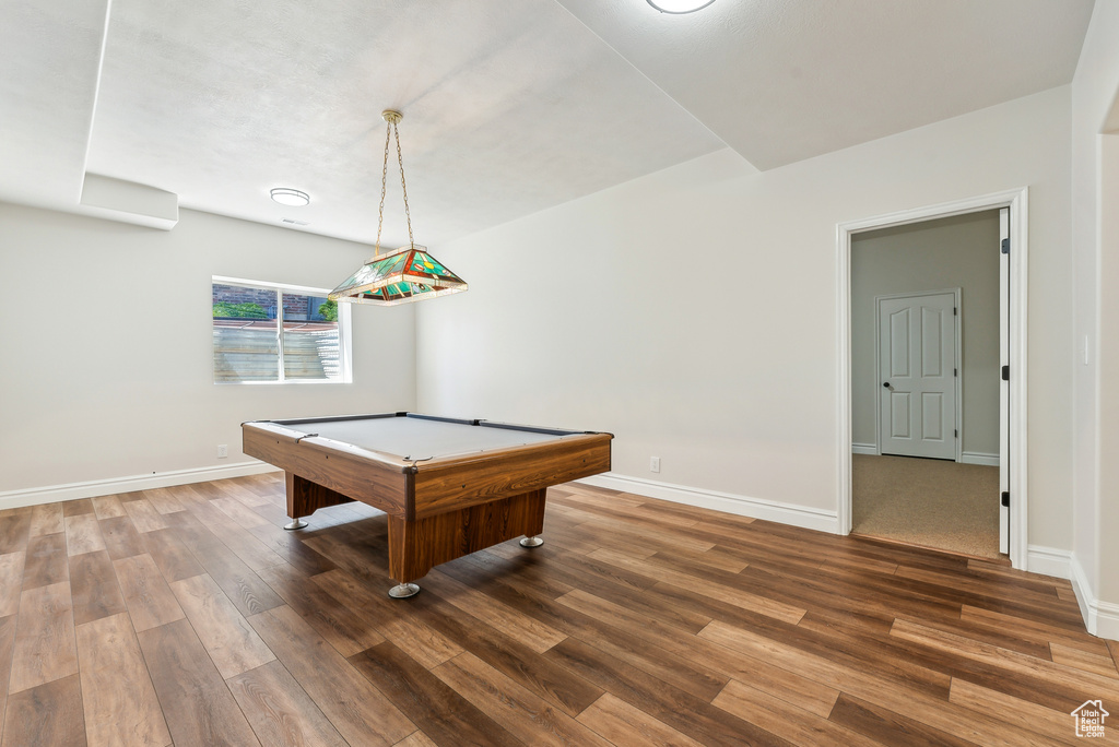 Rec room with hardwood / wood-style flooring and billiards