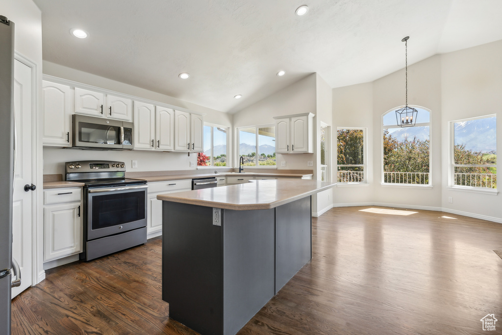 Kitchen featuring appliances with stainless steel finishes, decorative light fixtures, dark wood-type flooring, and white cabinetry