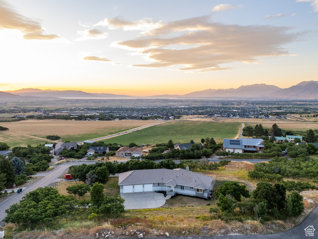 Aerial view at dusk with a mountain view