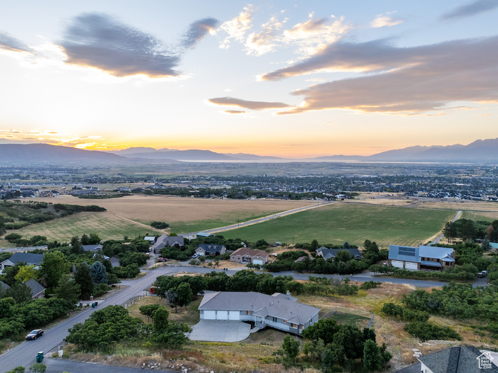 Aerial view at dusk with a mountain view