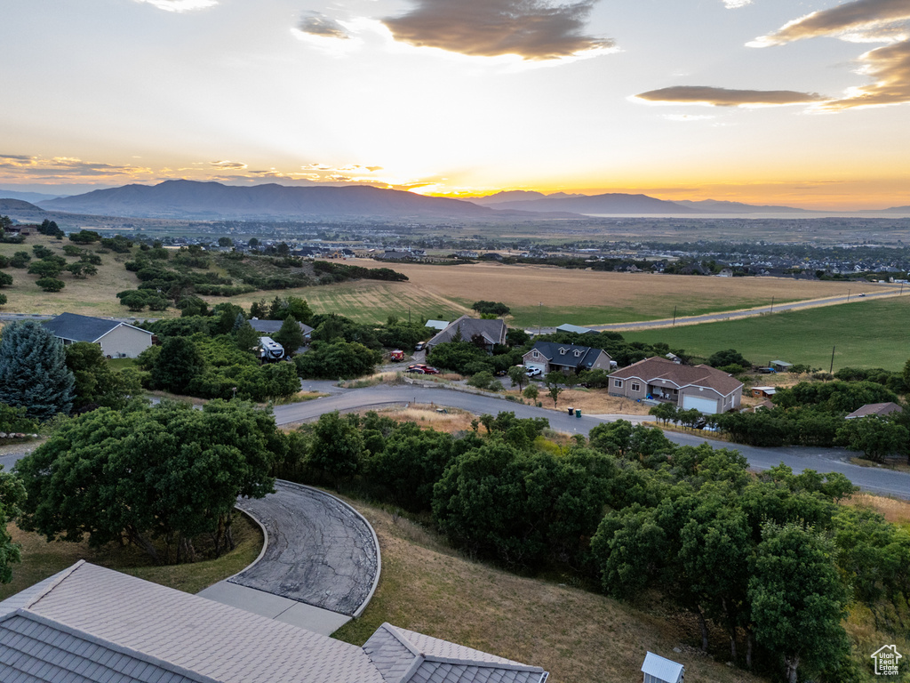 Aerial view at dusk with a mountain view