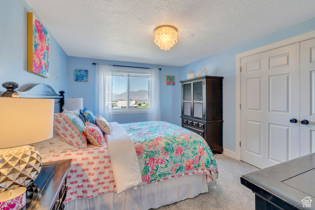 Bedroom with light colored carpet, a closet, and a textured ceiling