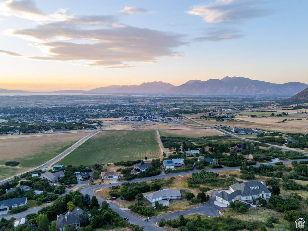 Aerial view at dusk with a mountain view