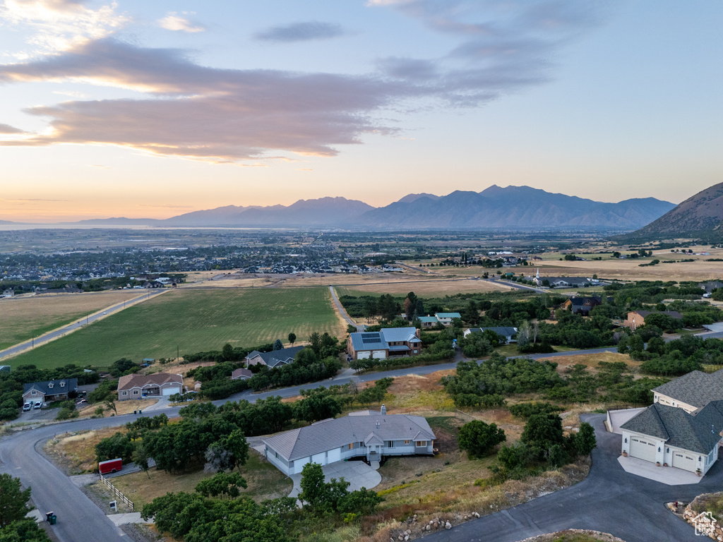 Aerial view at dusk with a mountain view