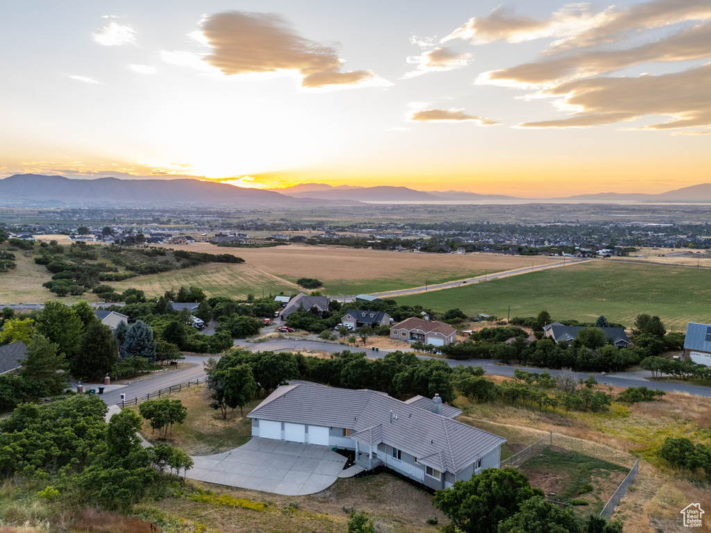 Aerial view at dusk with a mountain view