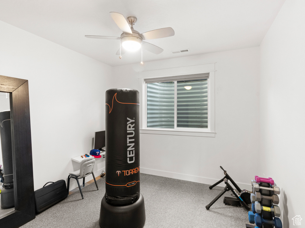 Exercise area with carpet flooring and ceiling fan