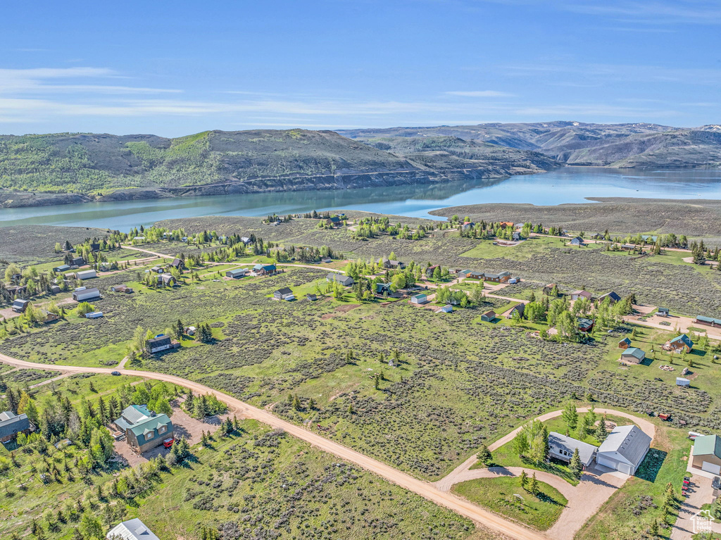 Aerial view with a water and mountain view