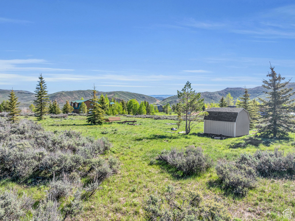 View of yard featuring a storage shed and a mountain view