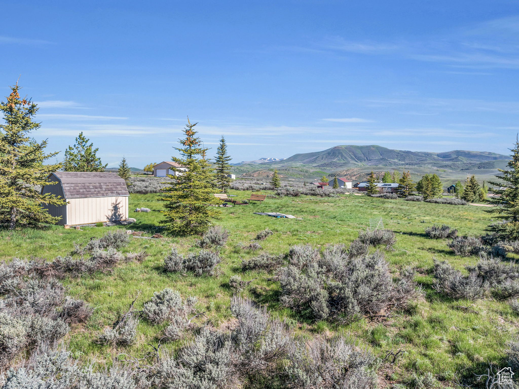 View of yard with a mountain view and a shed