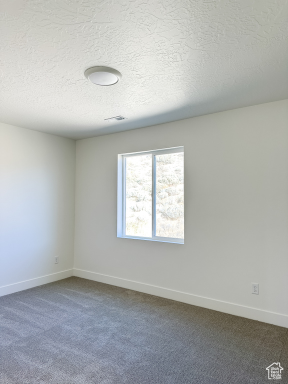 Carpeted empty room featuring a textured ceiling