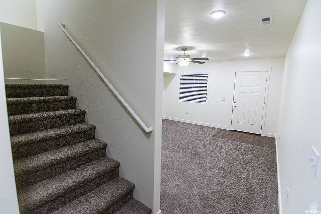 Staircase featuring dark colored carpet, ceiling fan, and a textured ceiling