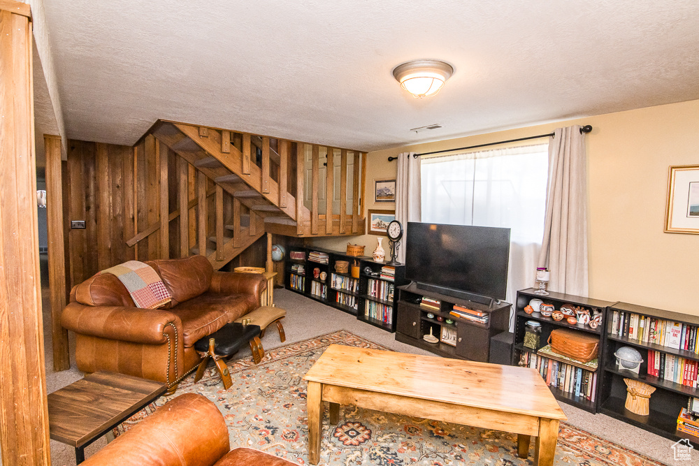 Living room featuring a textured ceiling and carpet flooring