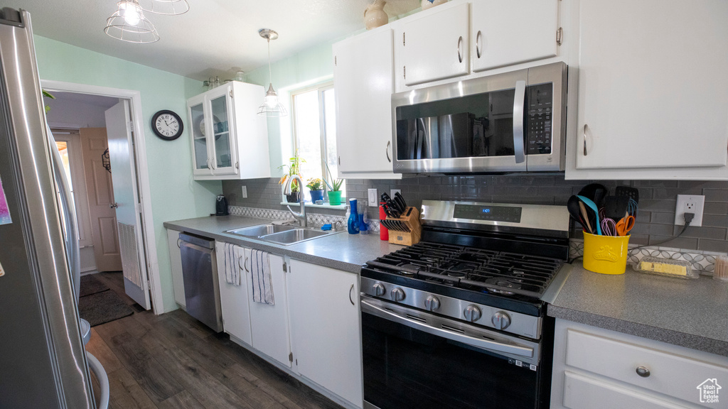 Kitchen with dark hardwood / wood-style floors, stainless steel appliances, backsplash, hanging light fixtures, and sink