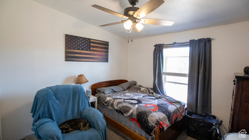 Bedroom featuring ceiling fan and vaulted ceiling