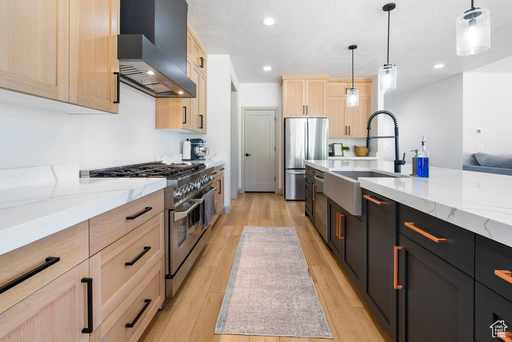 Kitchen featuring wall chimney range hood, light hardwood / wood-style flooring, pendant lighting, and appliances with stainless steel finishes