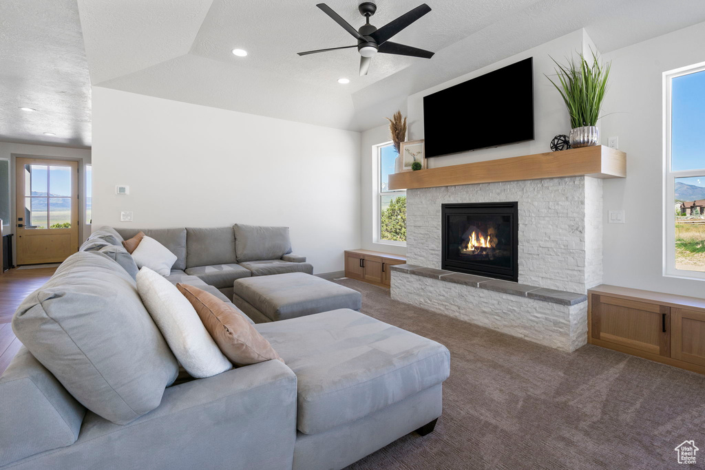 Living room with carpet, plenty of natural light, and a fireplace