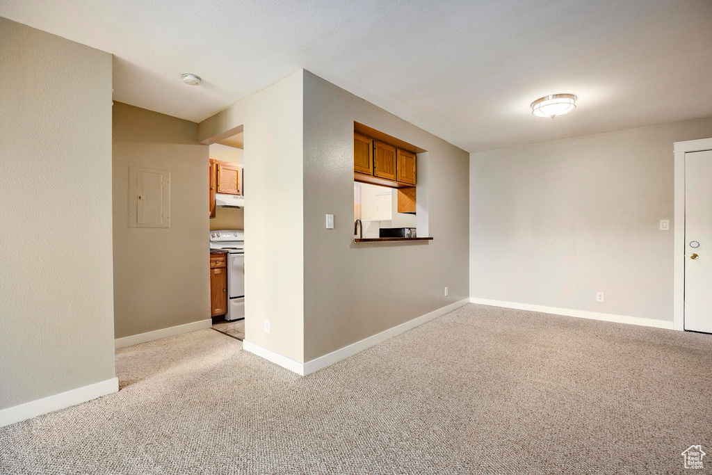 Unfurnished living room with light colored carpet