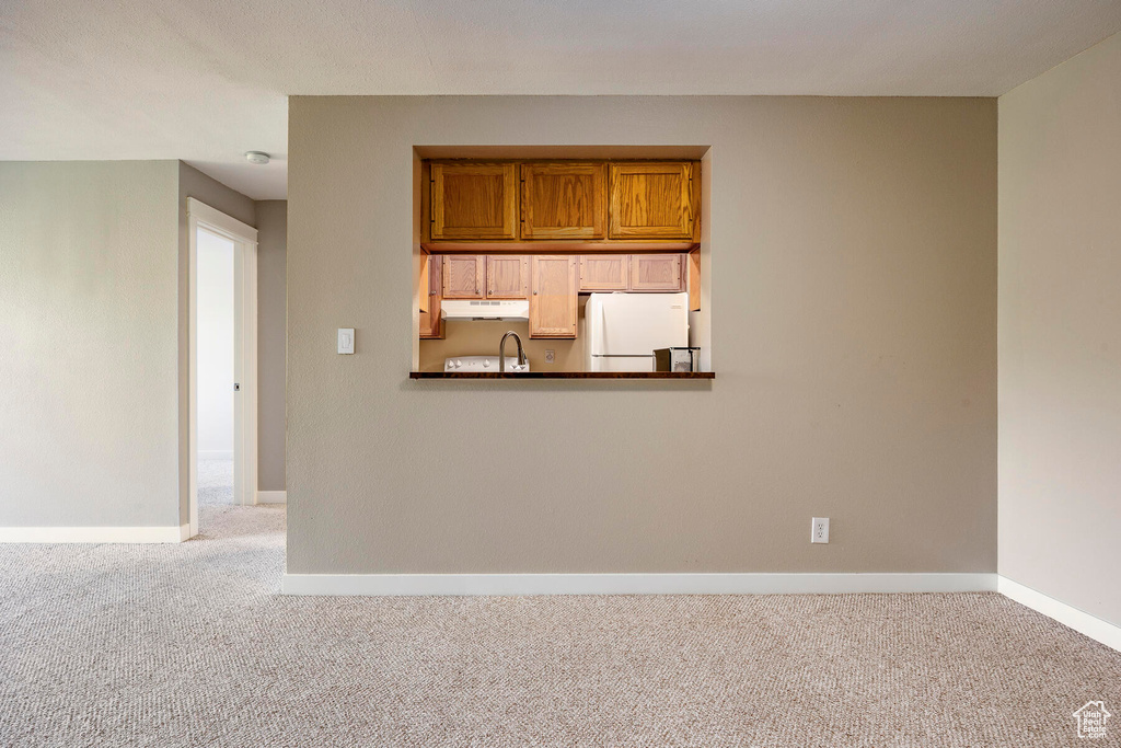 Unfurnished living room featuring light colored carpet