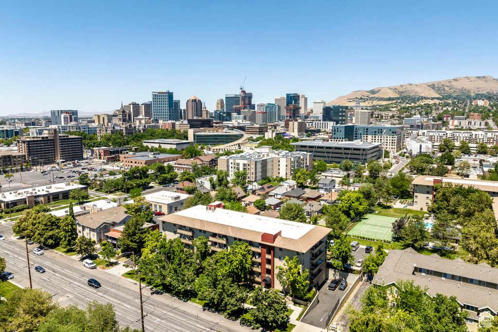 Drone / aerial view featuring a mountain view