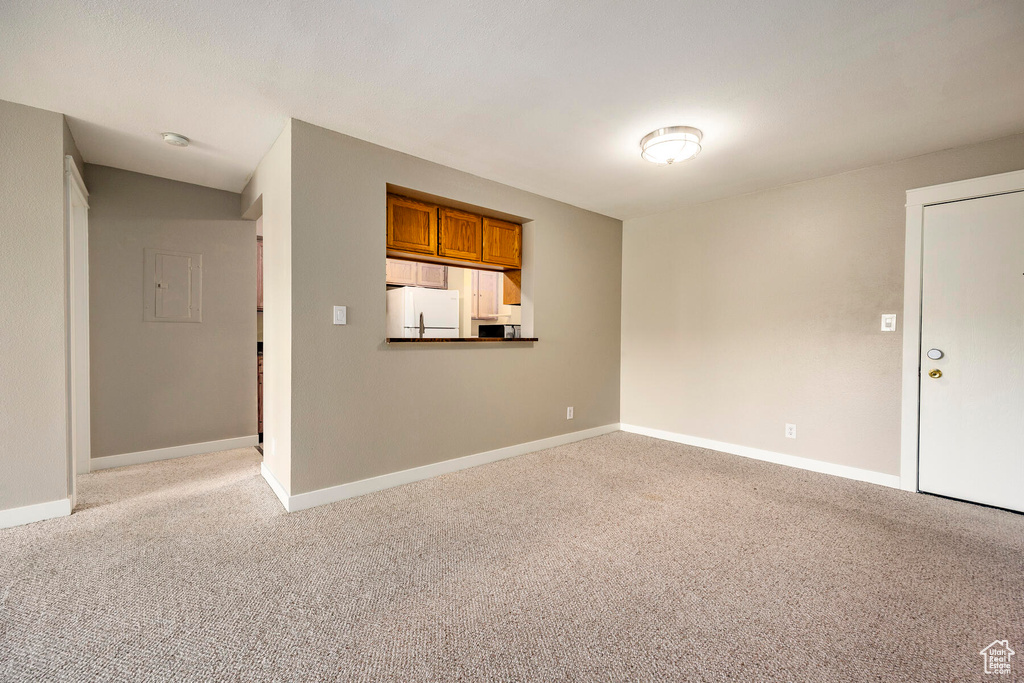 Unfurnished living room featuring light colored carpet