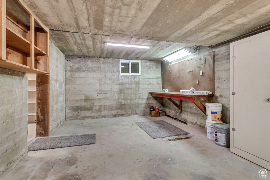 Basement with a workshop area