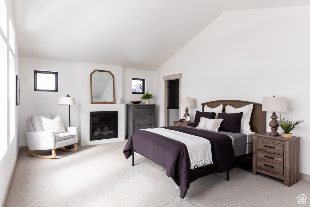 Carpeted bedroom featuring high vaulted ceiling