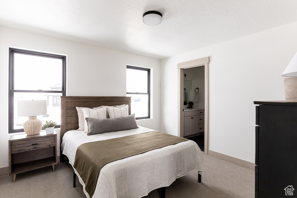 Bedroom featuring ensuite bathroom and carpet flooring