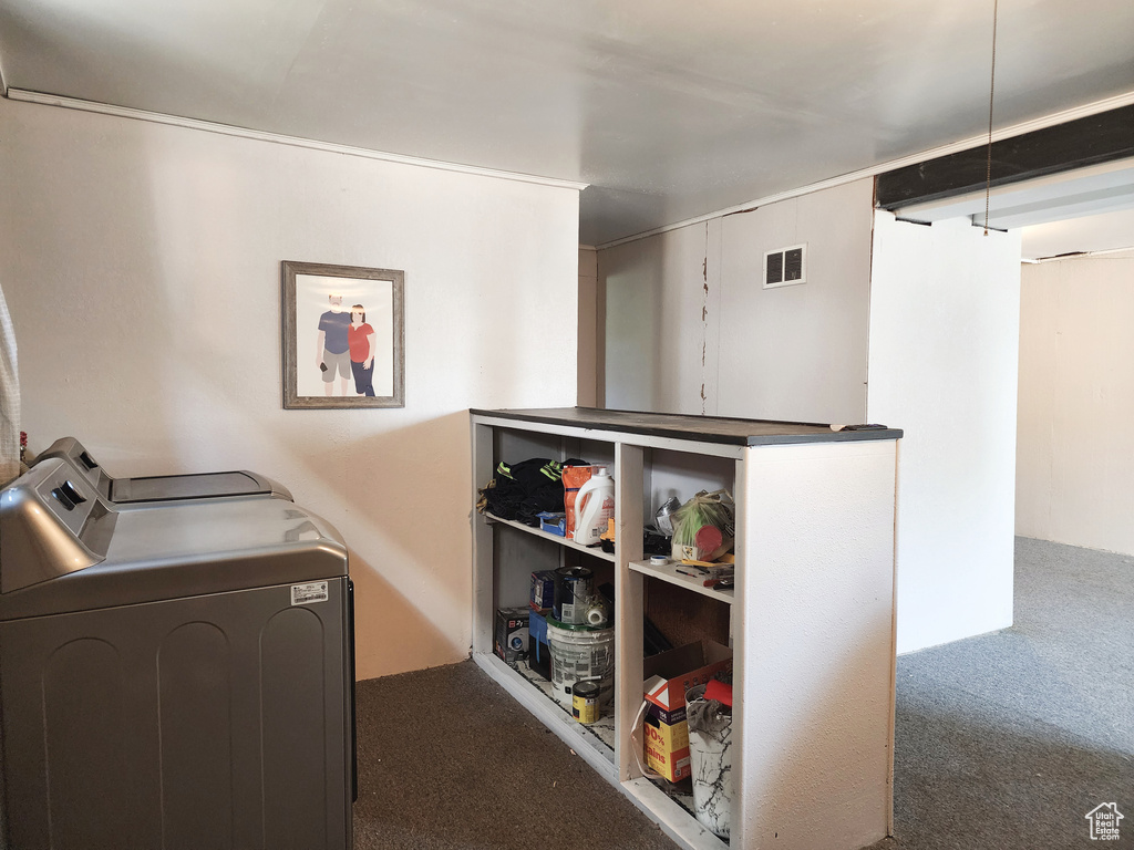 Laundry area with washer and clothes dryer and dark carpet