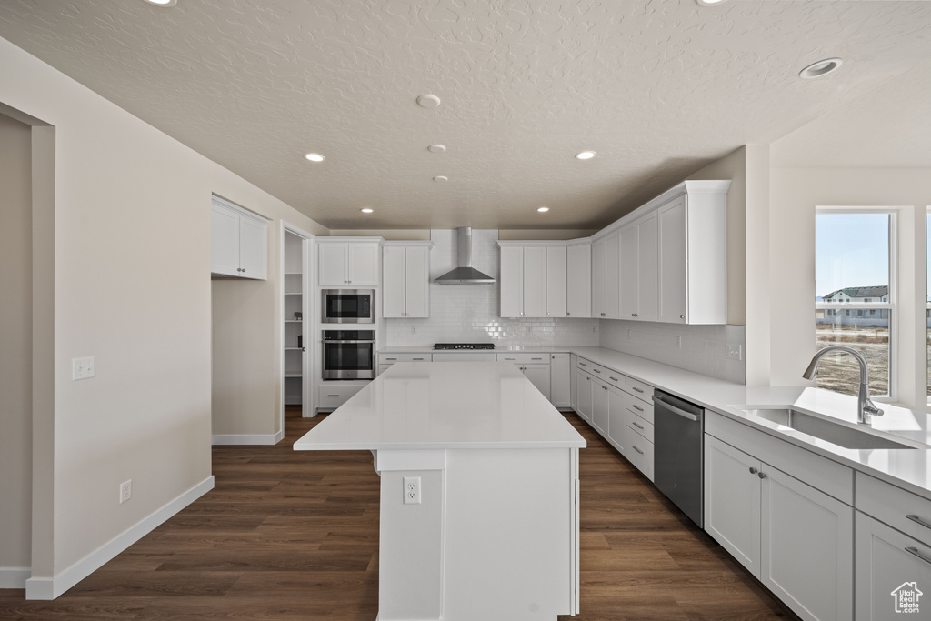 Kitchen featuring wall chimney range hood, sink, dark hardwood / wood-style floors, appliances with stainless steel finishes, and a center island