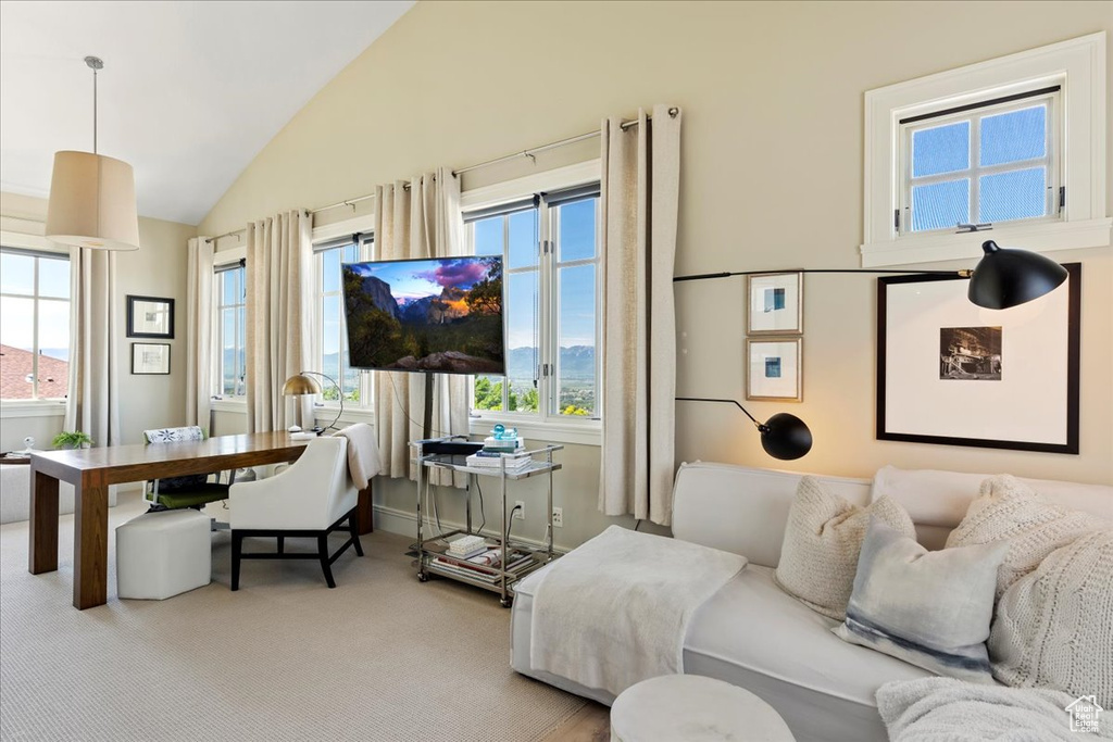 Carpeted living room featuring a wealth of natural light and high vaulted ceiling