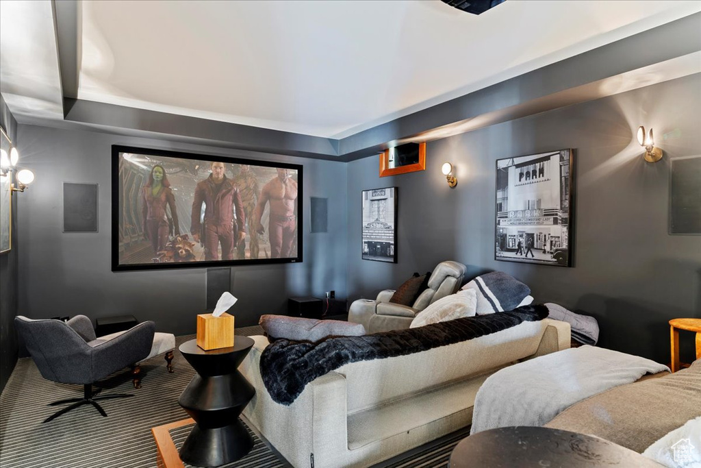 Home theater with a tray ceiling and carpet floors