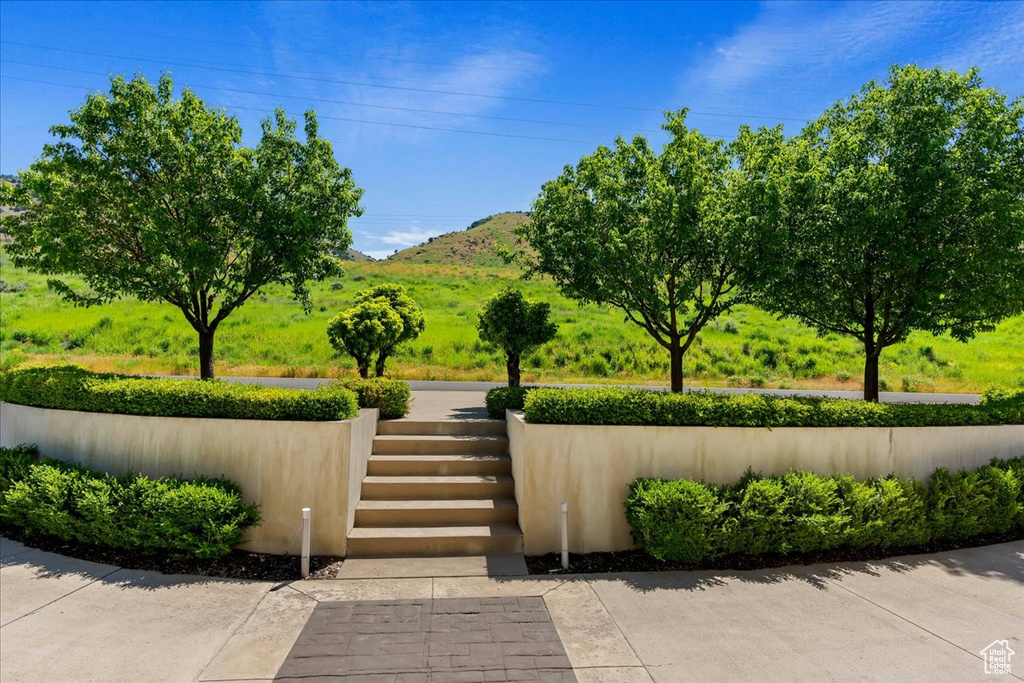 View of patio with a mountain view