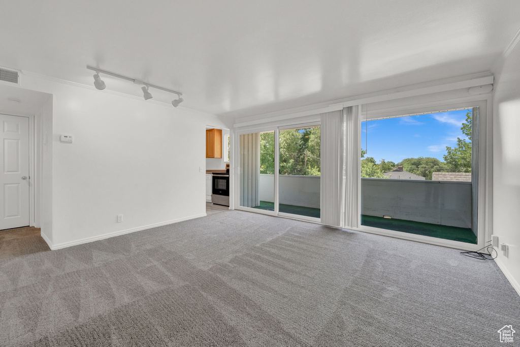 Empty room with ornamental molding, track lighting, and carpet floors