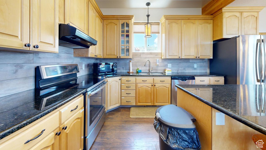 Kitchen featuring dark hardwood / wood-style floors, decorative light fixtures, backsplash, sink, and appliances with stainless steel finishes