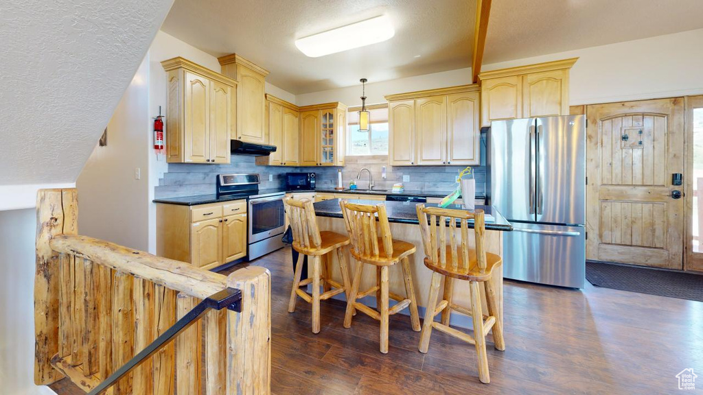 Kitchen featuring stainless steel appliances, dark hardwood / wood-style flooring, backsplash, and sink