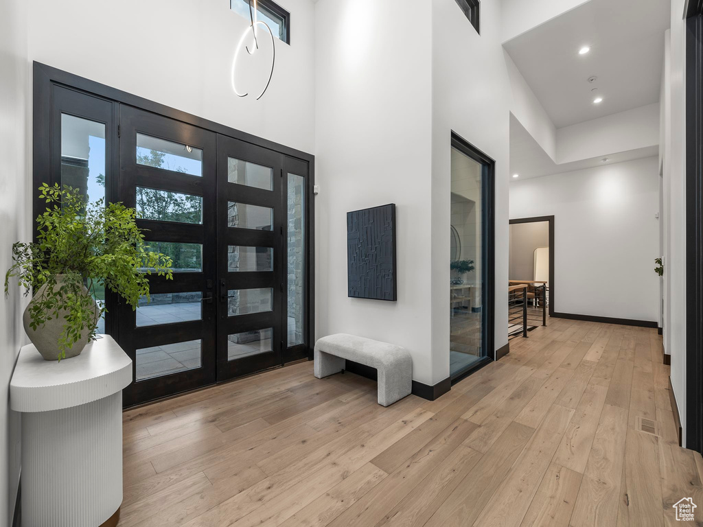 Foyer featuring a high ceiling, light hardwood / wood-style flooring, and a wealth of natural light