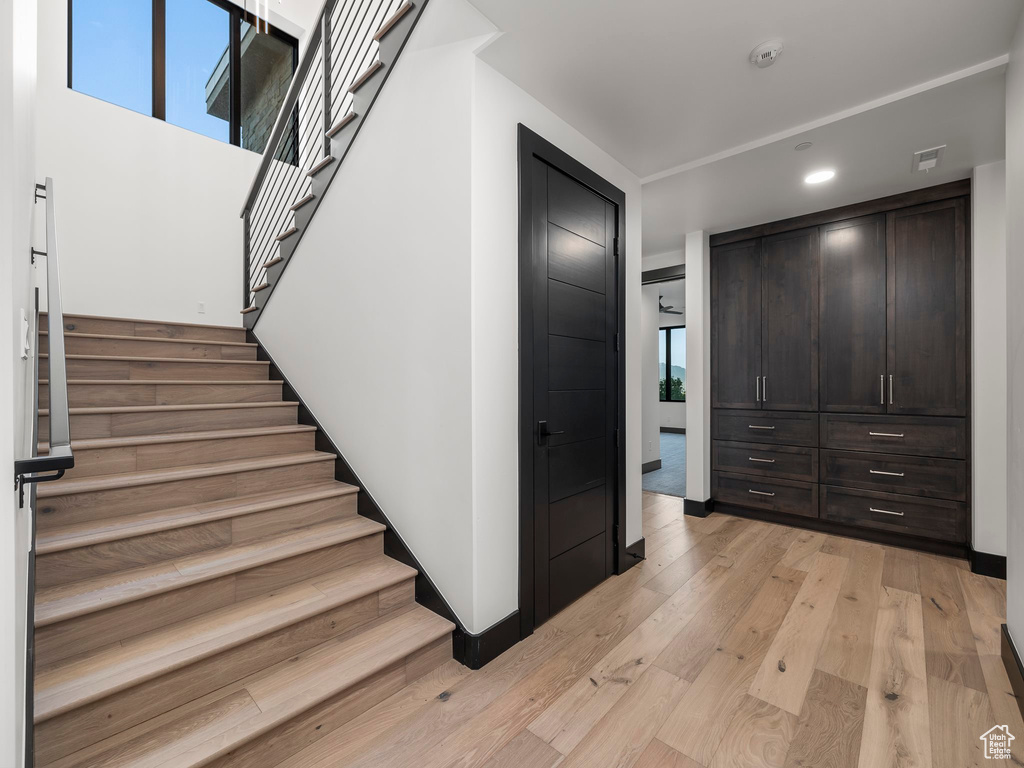 Stairs with light wood-type flooring