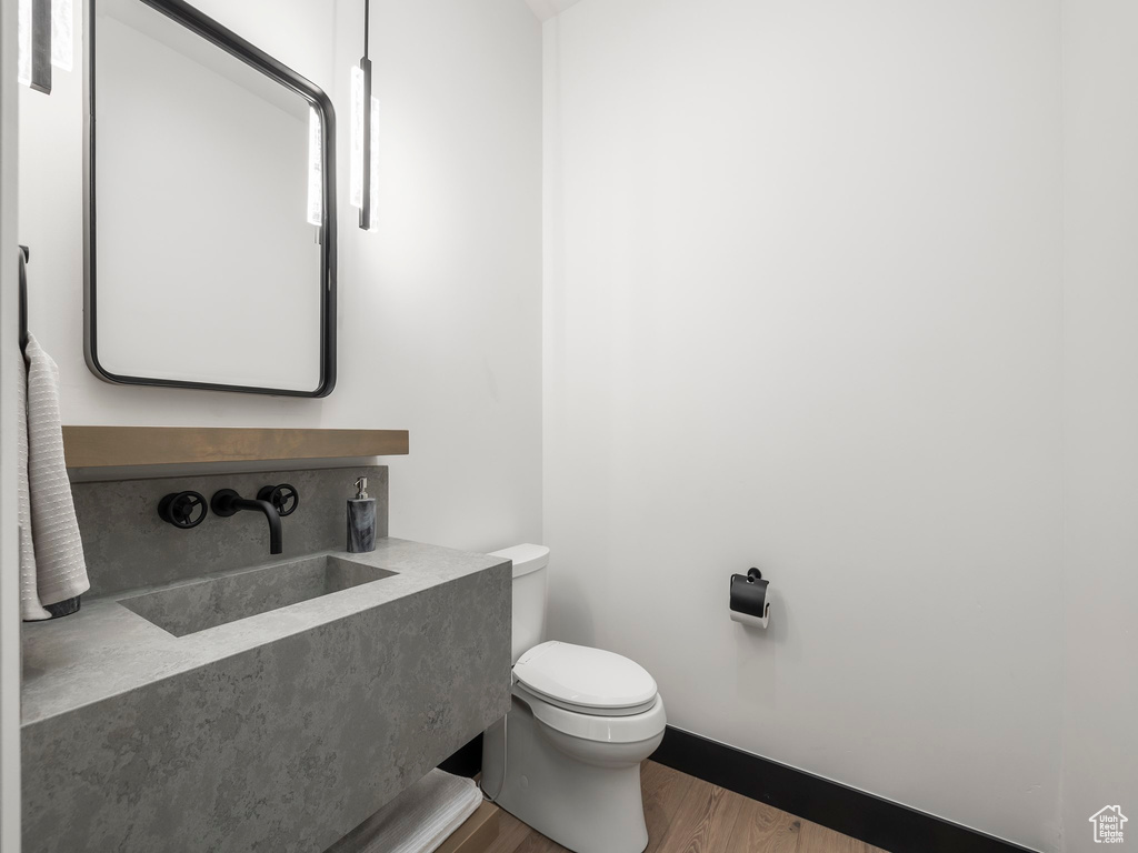 Bathroom with sink, toilet, and wood-type flooring