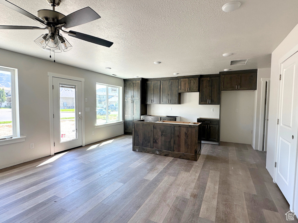 Kitchen with a kitchen island, light hardwood / wood-style flooring, ceiling fan, and dark brown cabinets