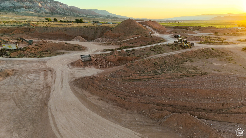 Aerial view at dusk with a mountain view