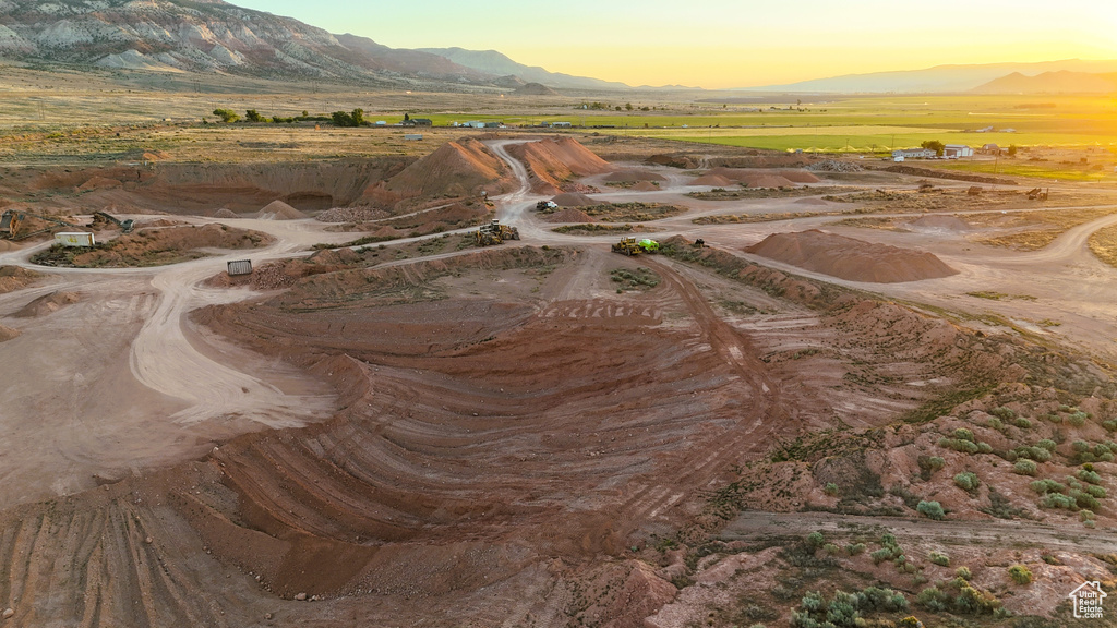 Aerial view at dusk with a mountain view