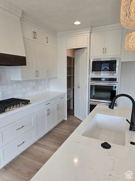 Kitchen featuring sink, custom exhaust hood, stainless steel appliances, and backsplash