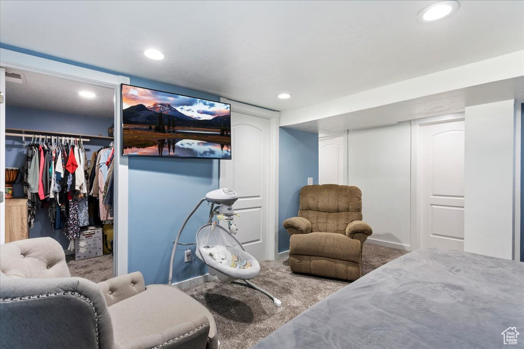 Carpeted bedroom with a closet