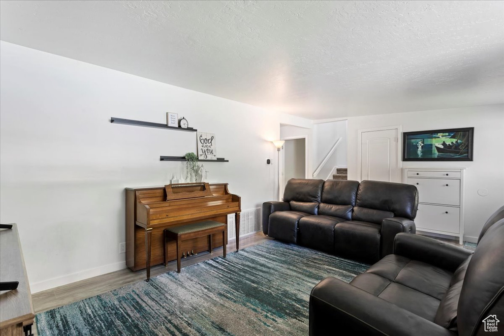 Living room with a textured ceiling and dark hardwood / wood-style floors