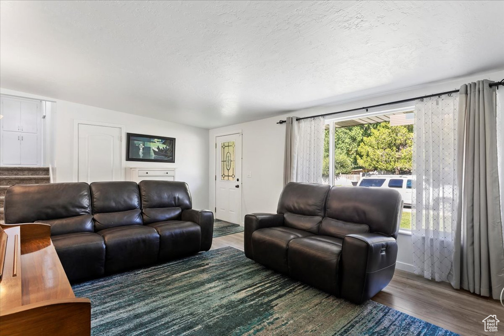 Living room with a textured ceiling and dark hardwood / wood-style floors