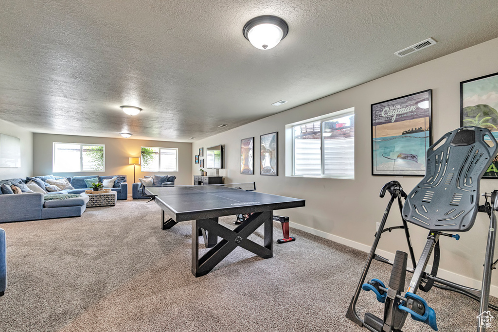 Playroom with a textured ceiling and carpet floors